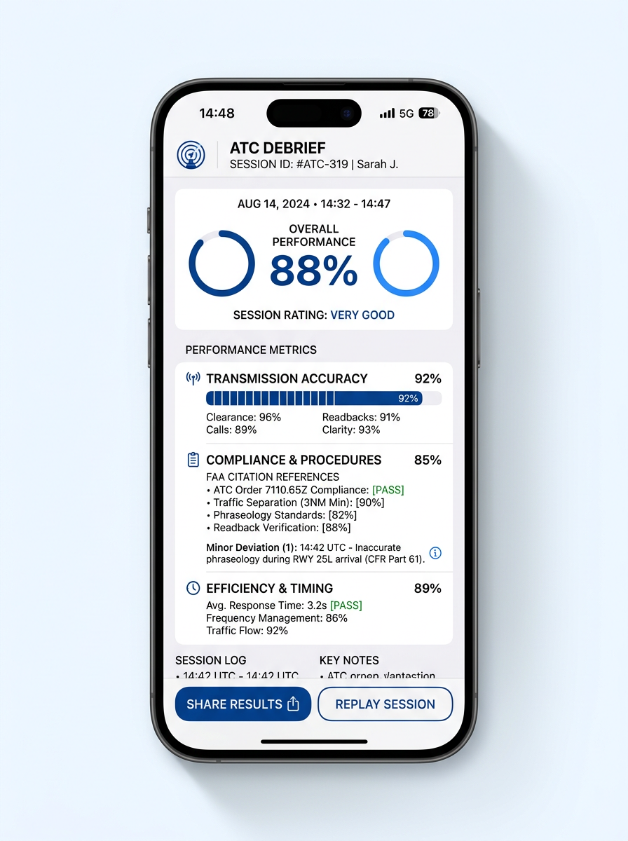 iPhone screen showing the Virtual Pilot Coms debrief with overall score, transmission accuracy, FAA citations, and a share button