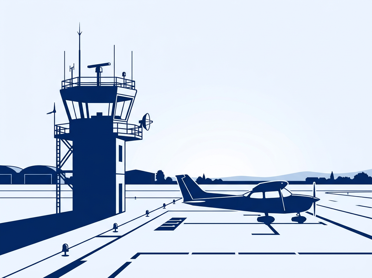 Illustrated control tower at a small general aviation airport with a Cessna on the ramp